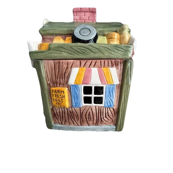 Vintage General Store Cookie Jar By GKAO Ceramic Brown House Welcome Apples Eggs - Picture 2 of 16